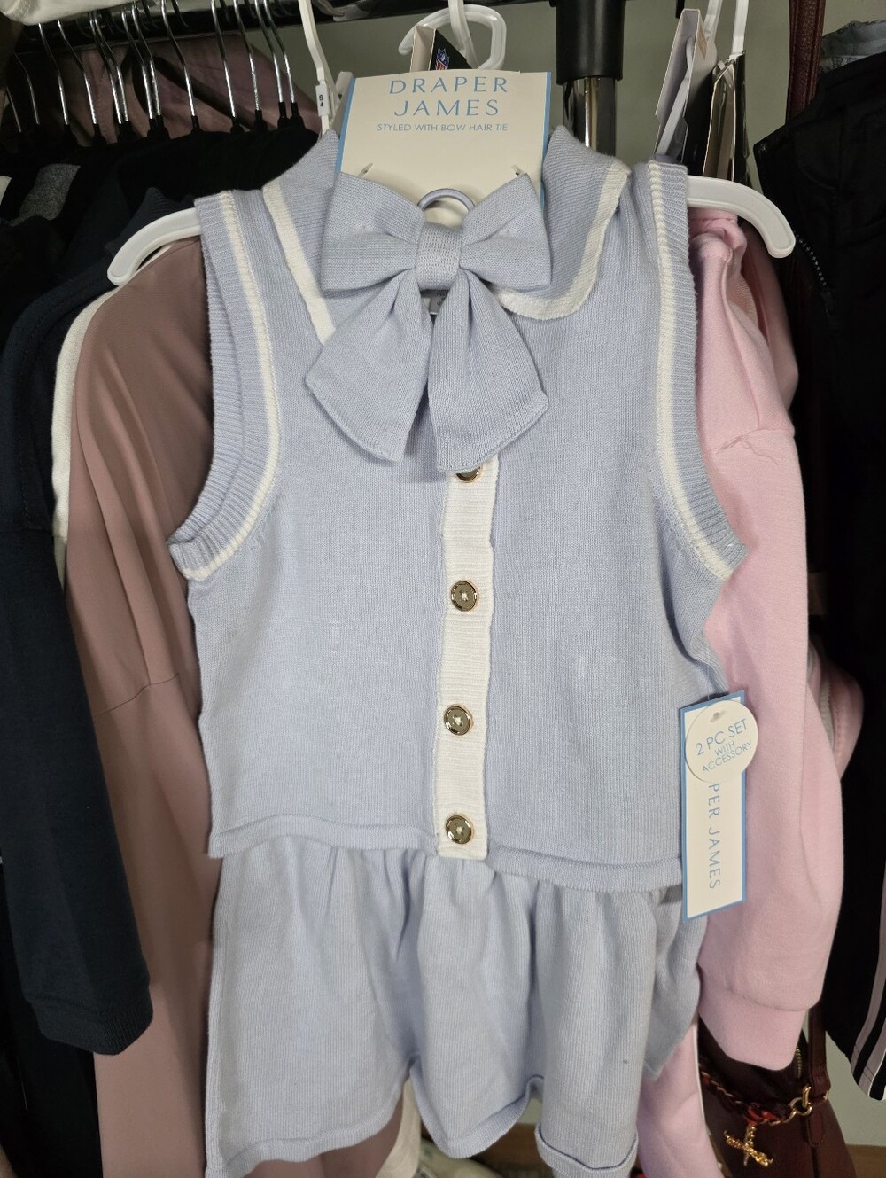 100% Cotton Draper James Light Blue Knit Bow Dress Set